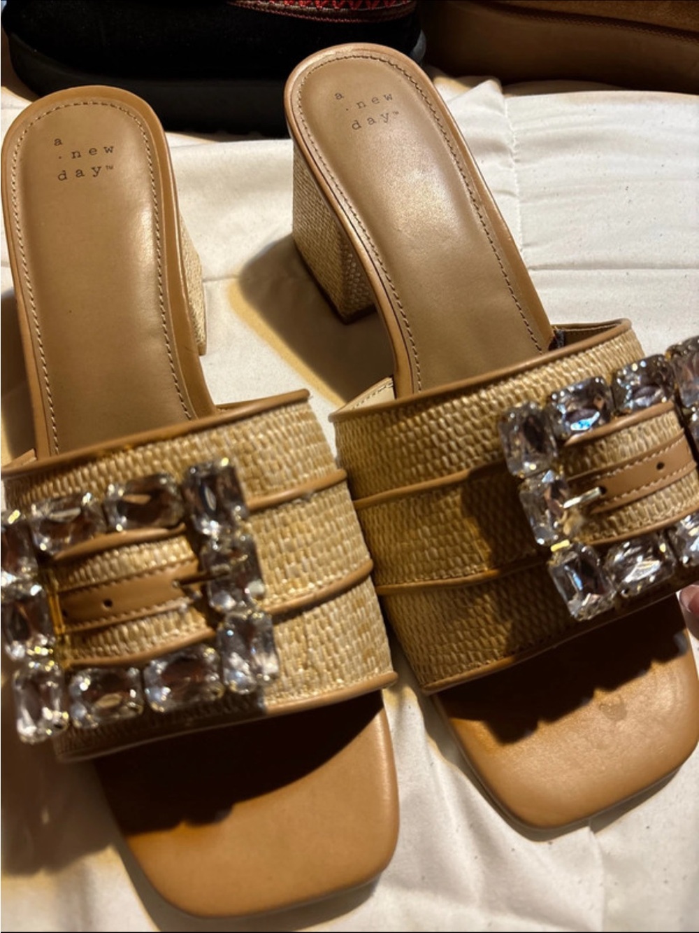 a new day Tan Woven Gem-Embellished Block Heel Mules